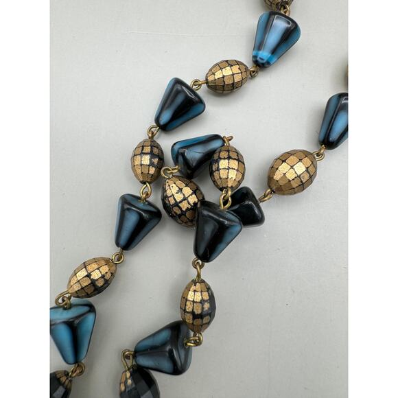 Vintage West Germany Two Strand Gold and Blue Bead Necklace - Picture 12 of 13